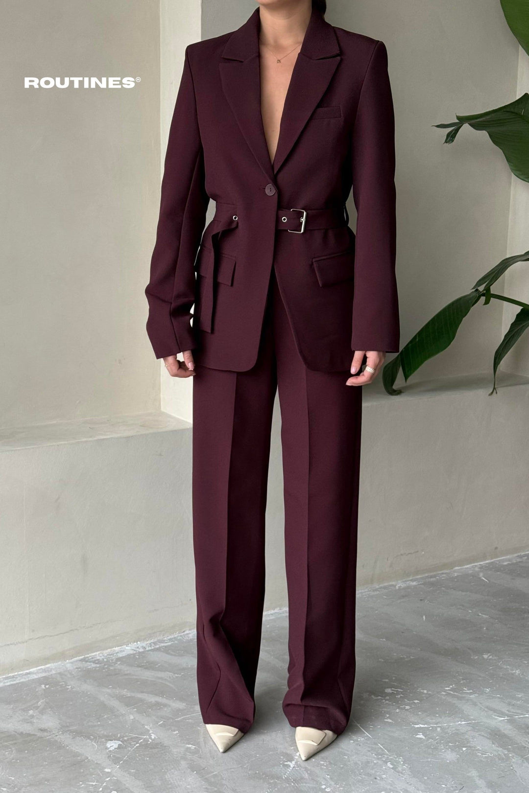 Routines Belted Blazer Two Piece Set - Burgundy 9367 Set Routines Fashion