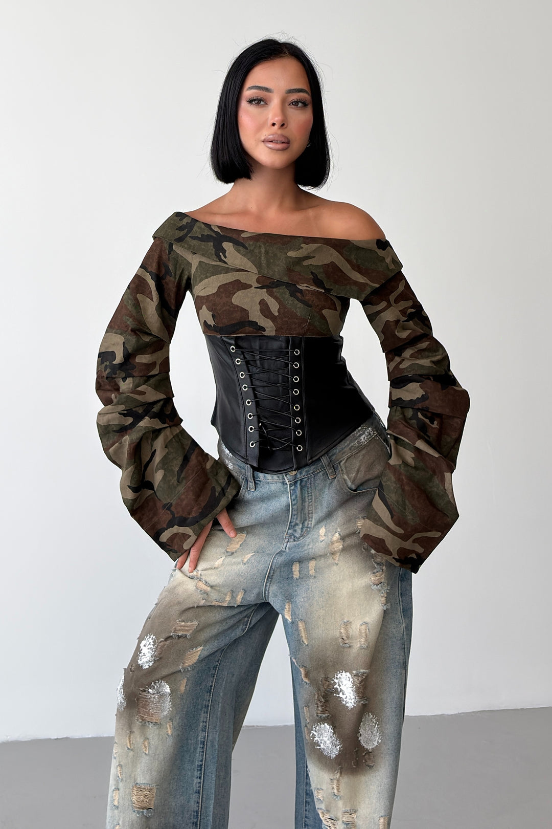Routines Camouflage Tie Off-shoulder Top 68061 - ROUTINES