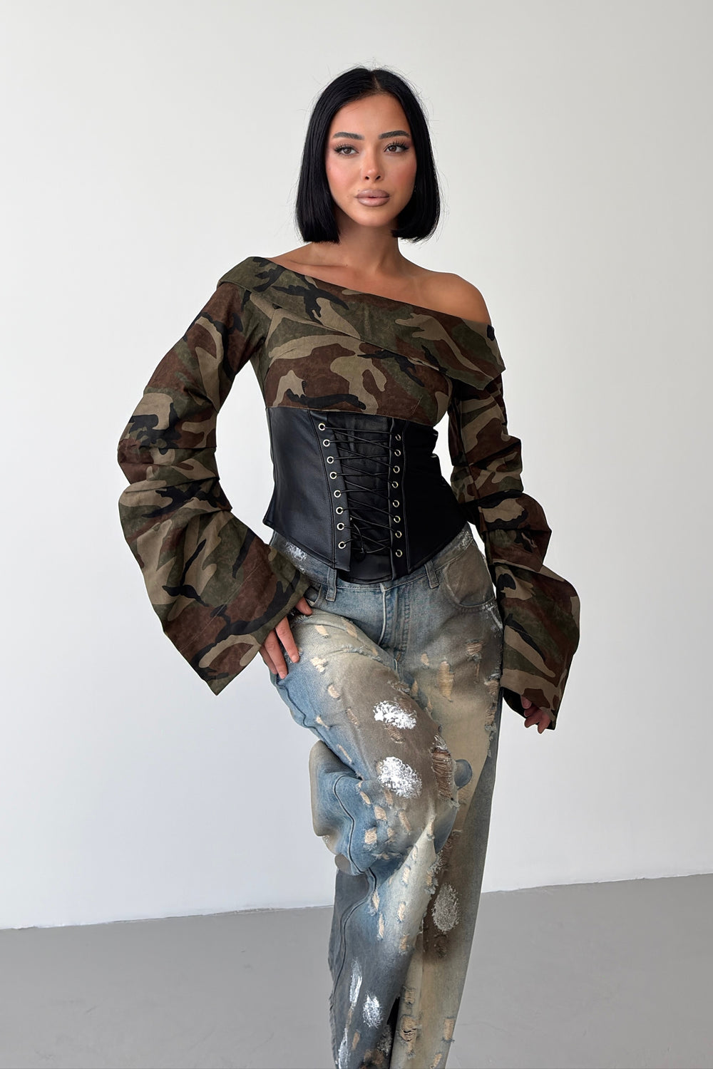Routines Camouflage Tie Off-shoulder Top 68061 - ROUTINES