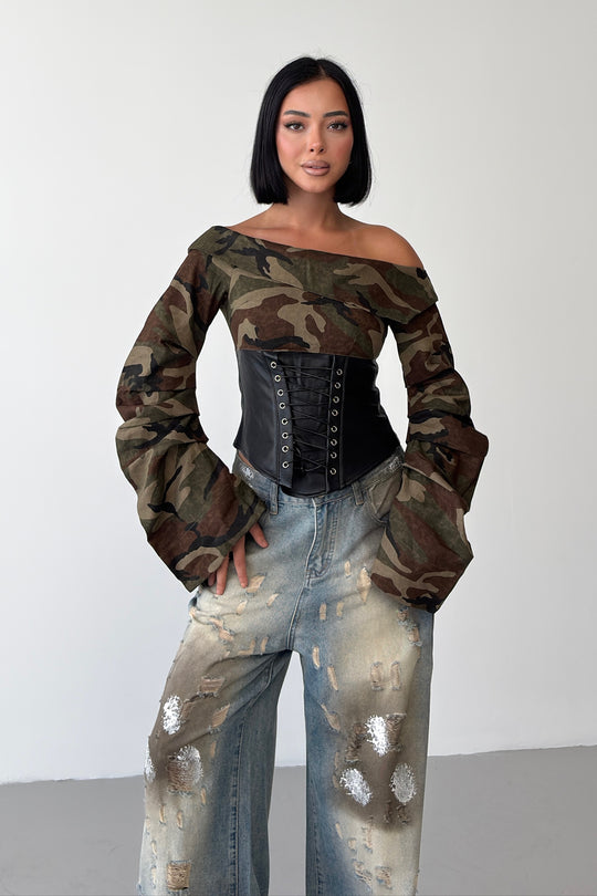 Routines Camouflage Tie Off-shoulder Top 68061 - ROUTINES