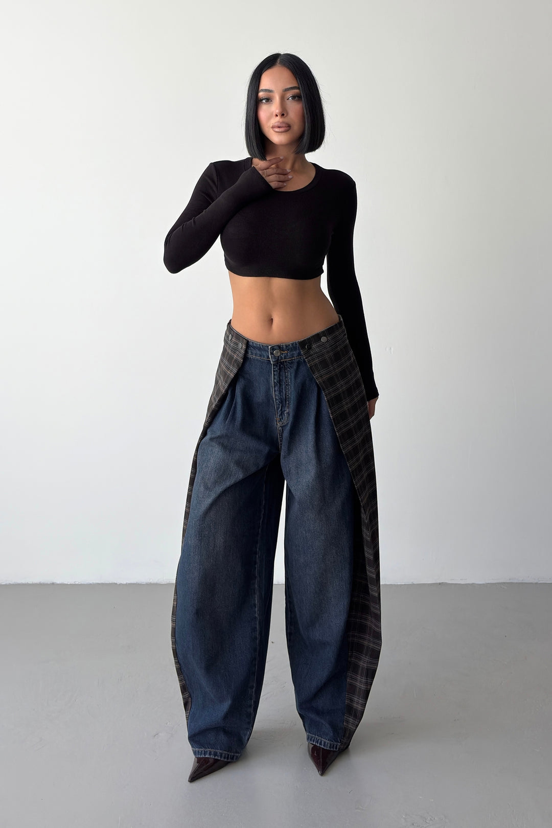 Routines Checkered Overlay Waist Jeans 2026