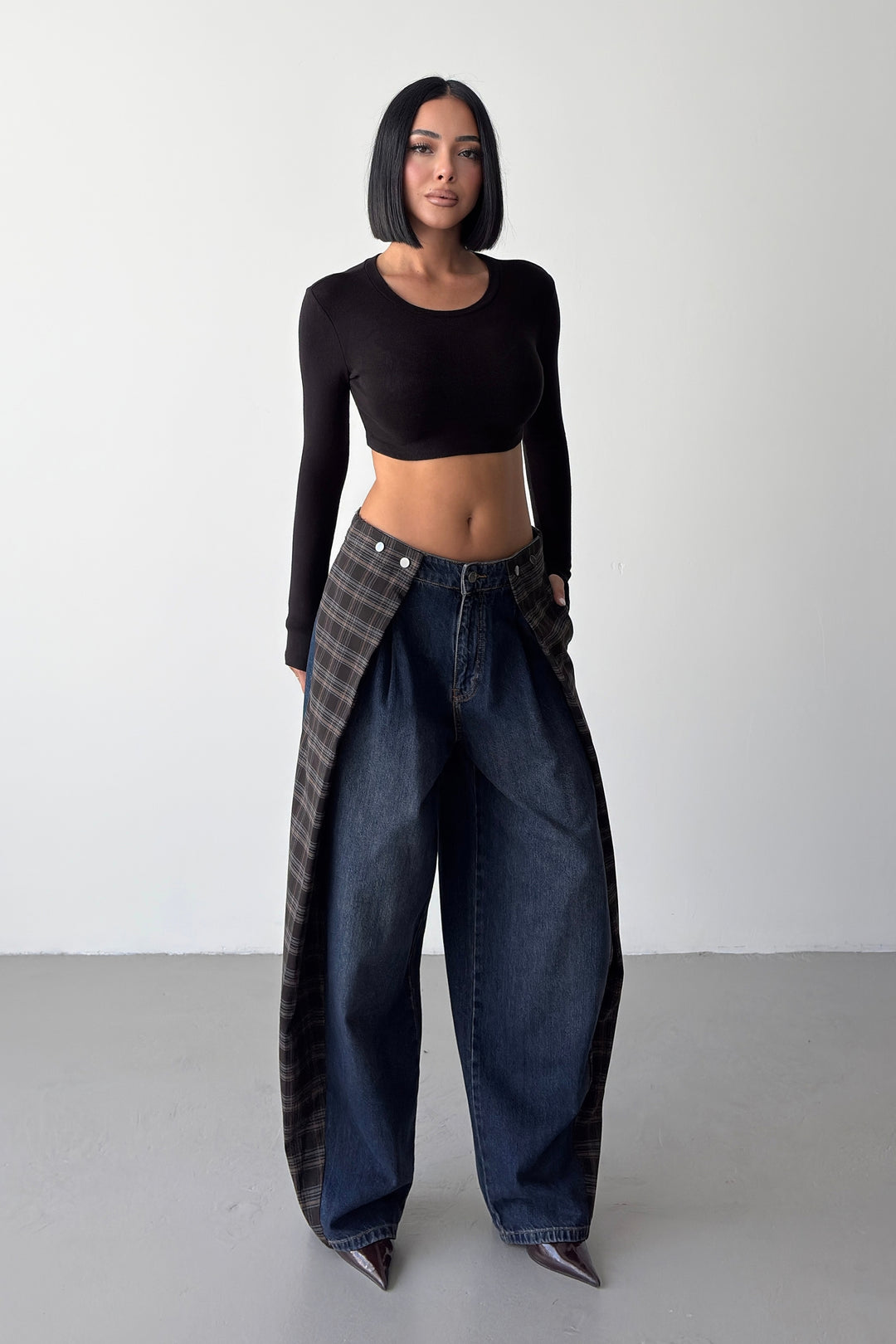 Routines Checkered Overlay Waist Jeans 2026