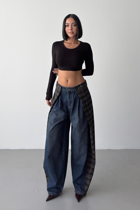 Routines Checkered Overlay Waist Jeans 2026