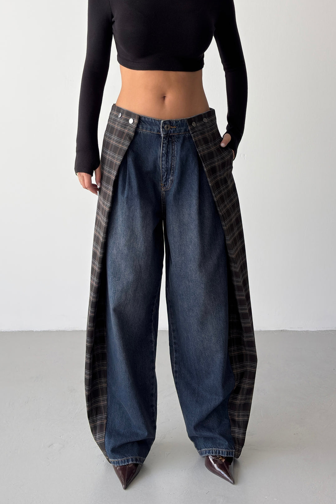 Routines Checkered Overlay Waist Jeans 2026