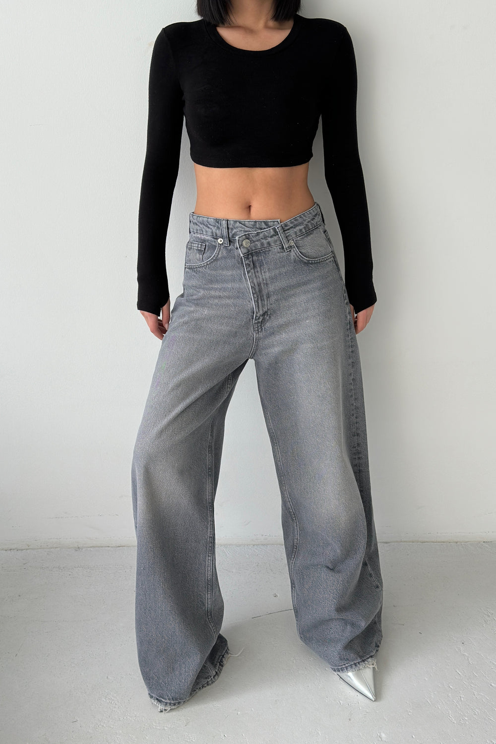 Routines Cross Button Baggy Jeans - Grey 3728 Jeans Routines Fashion