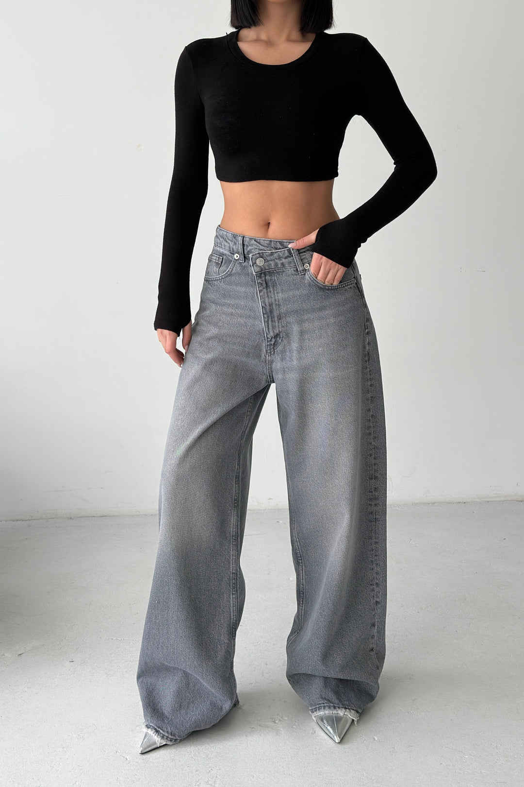 Routines Cross Button Baggy Jeans - Grey 3728 Jeans Routines Fashion