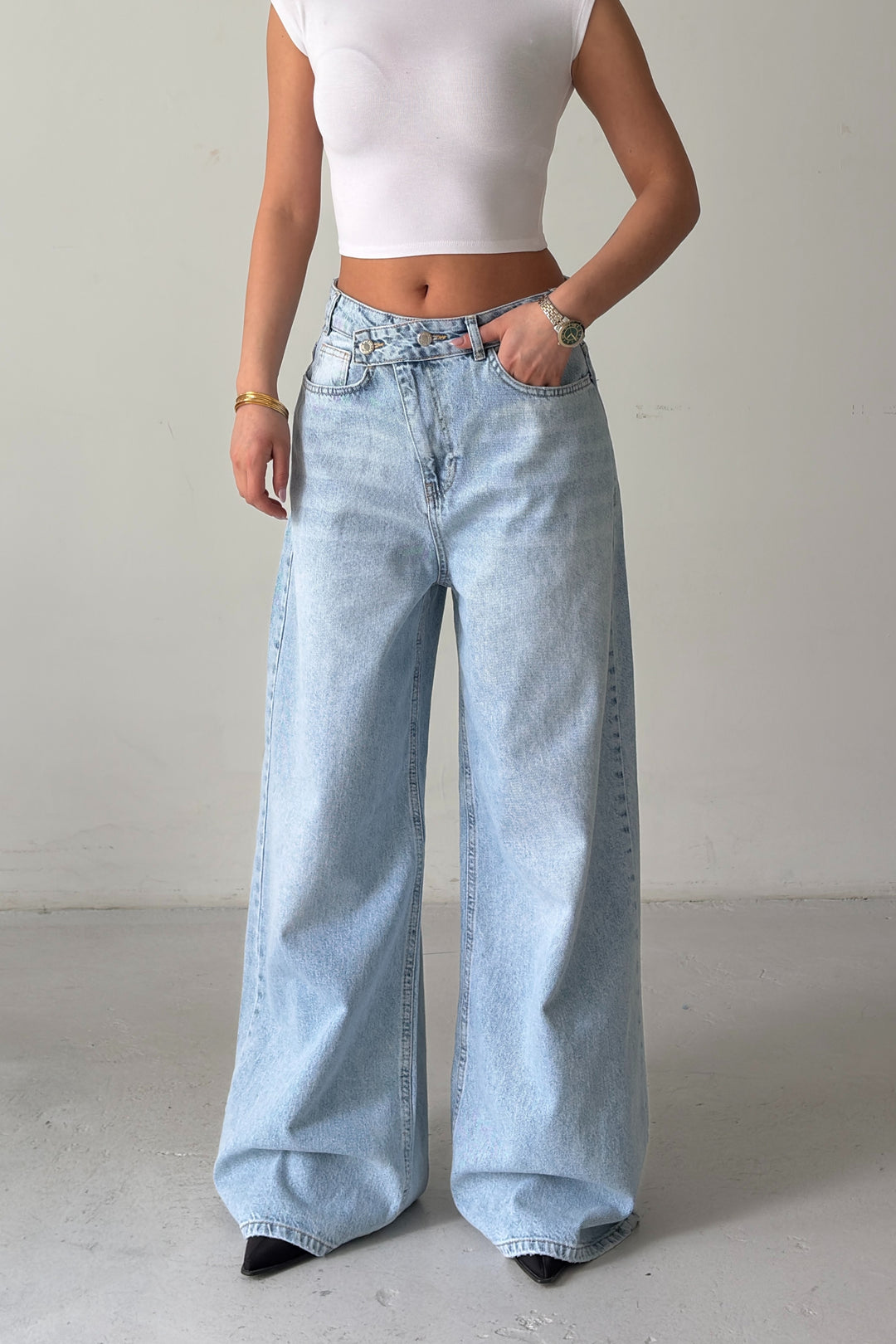 Routines Cross Button Baggy Jeans - Light Blue 3568 - ROUTINES