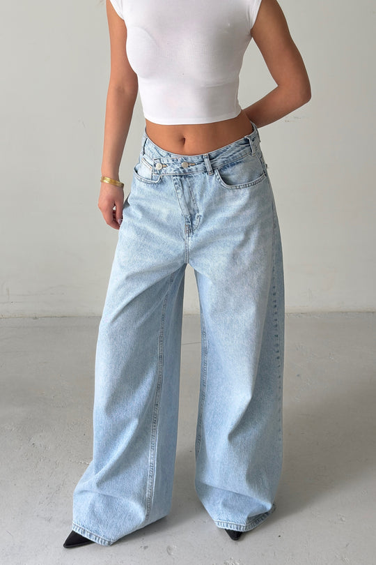 Routines Cross Button Baggy Jeans - Light Blue 3568 - ROUTINES