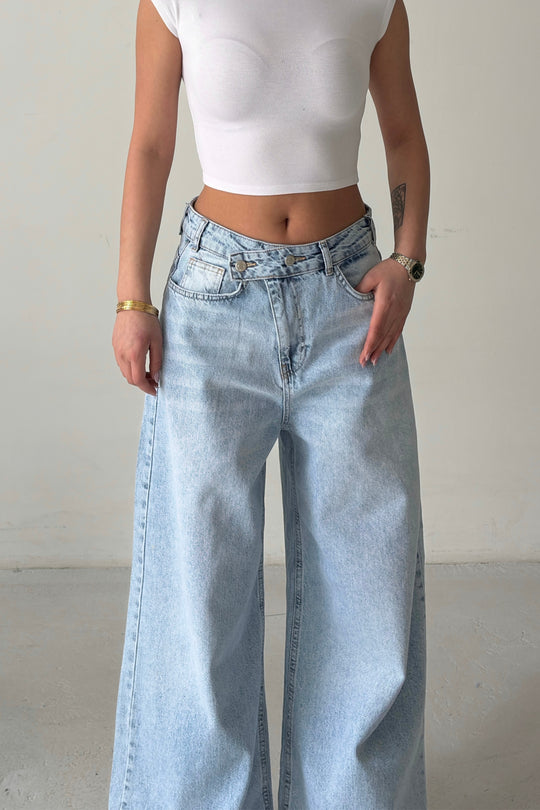 Routines Cross Button Baggy Jeans - Light Blue 3568 - ROUTINES