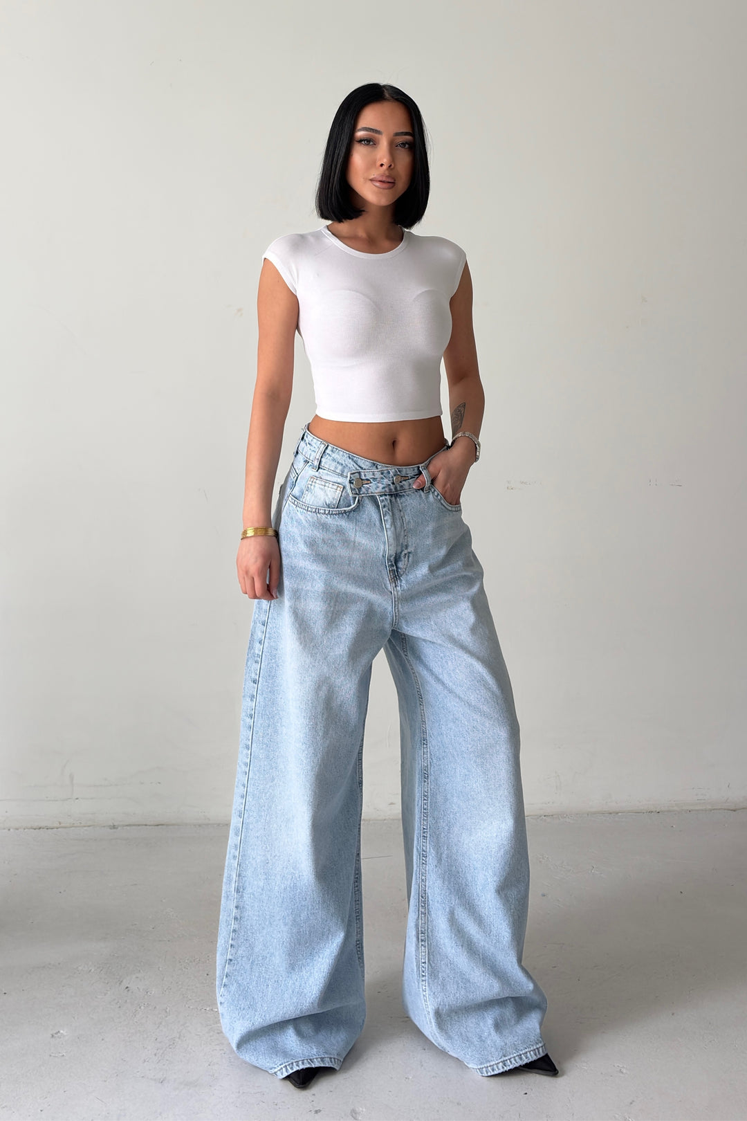 Routines Cross Button Baggy Jeans - Light Blue 3568 - ROUTINES