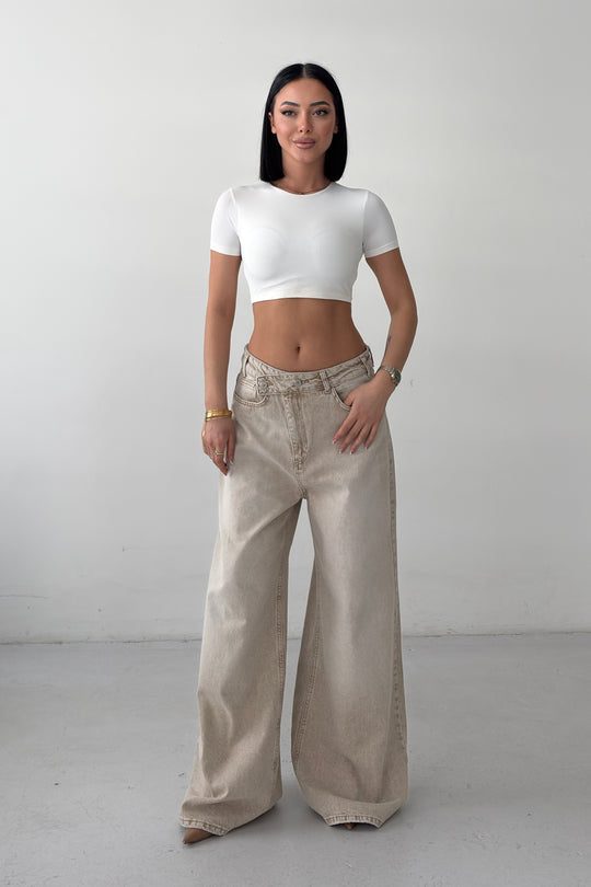 Routines Cross Button Baggy Jeans - Stone 3568 - ROUTINES