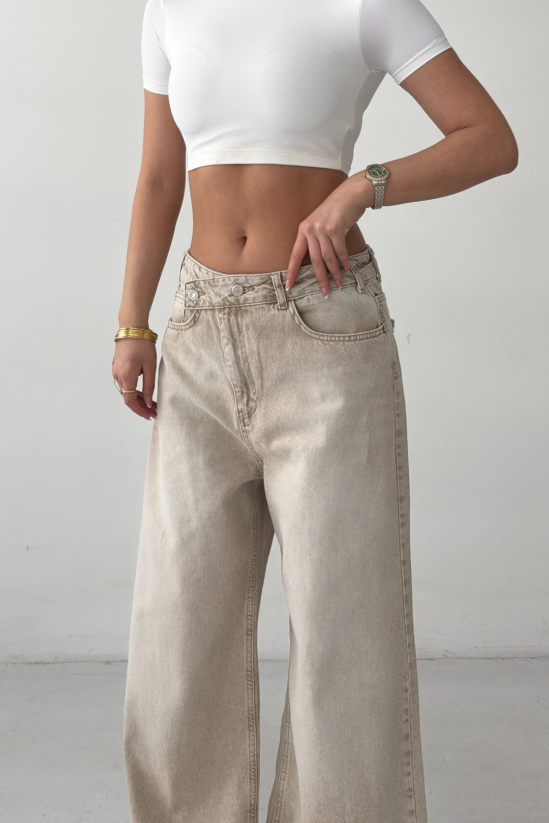 Routines Cross Button Baggy Jeans - Stone 3568 - ROUTINES