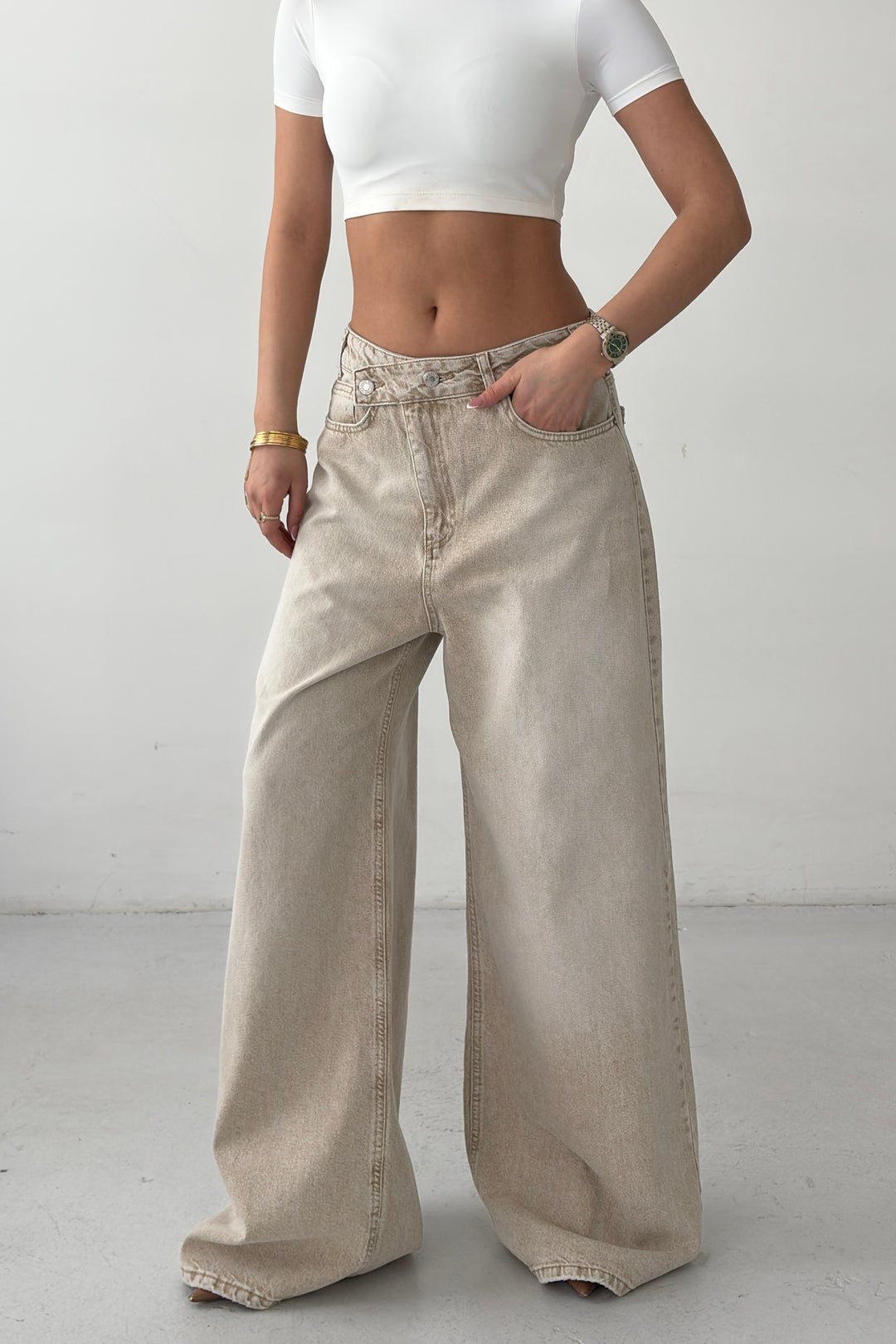 Routines Cross Button Baggy Jeans - Stone 3568 - ROUTINES