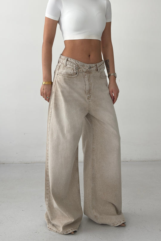 Routines Cross Button Baggy Jeans - Stone 3568 - ROUTINES