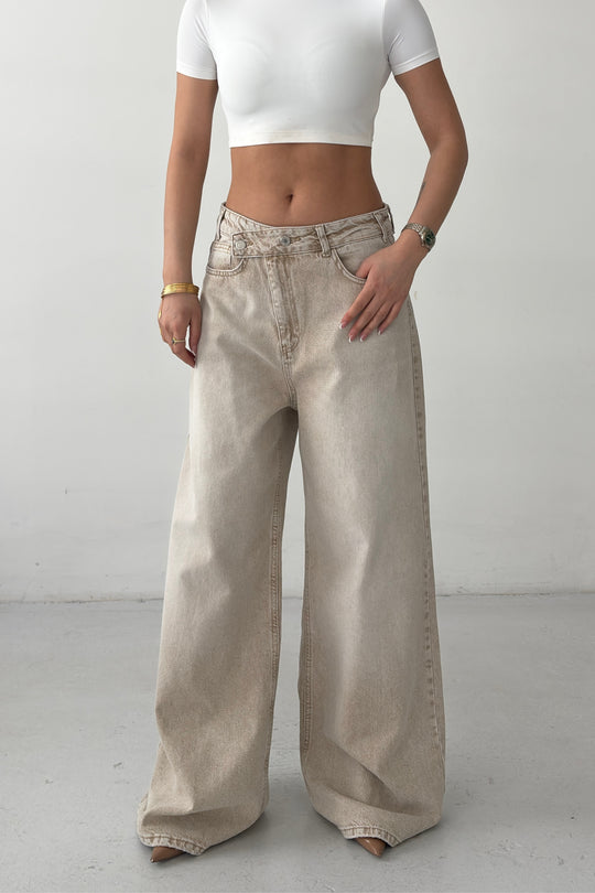 Routines Cross Button Baggy Jeans - Stone 3568 - ROUTINES