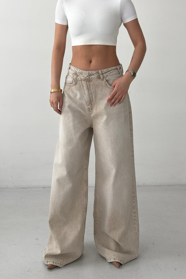 Routines Cross Button Baggy Jeans - Stone 3568 - ROUTINES