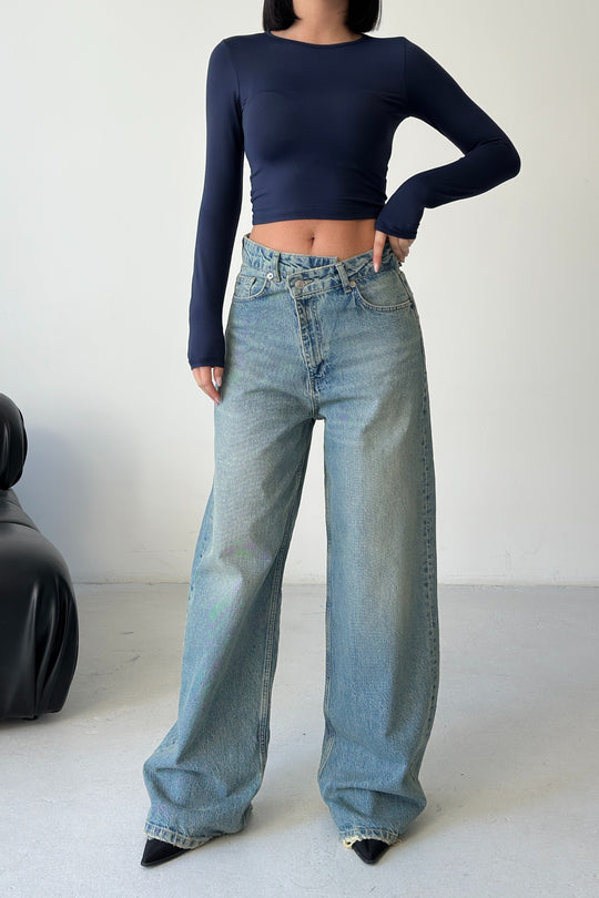 Routines Cross Button Baggy Jeans - Vintage Blue 3708 - ROUTINES