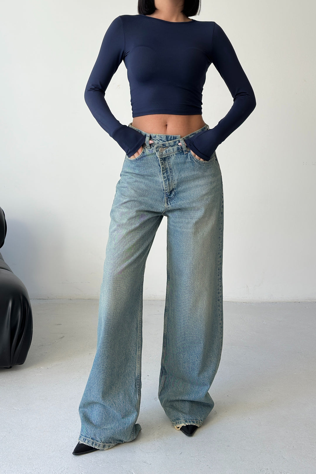 Routines Cross Button Baggy Jeans - Vintage Blue 3708 - ROUTINES