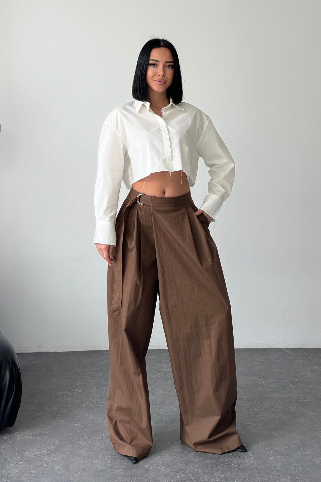 Routines Cross Waist Belted Pants - Brown 51300 Pants Routines Fashion