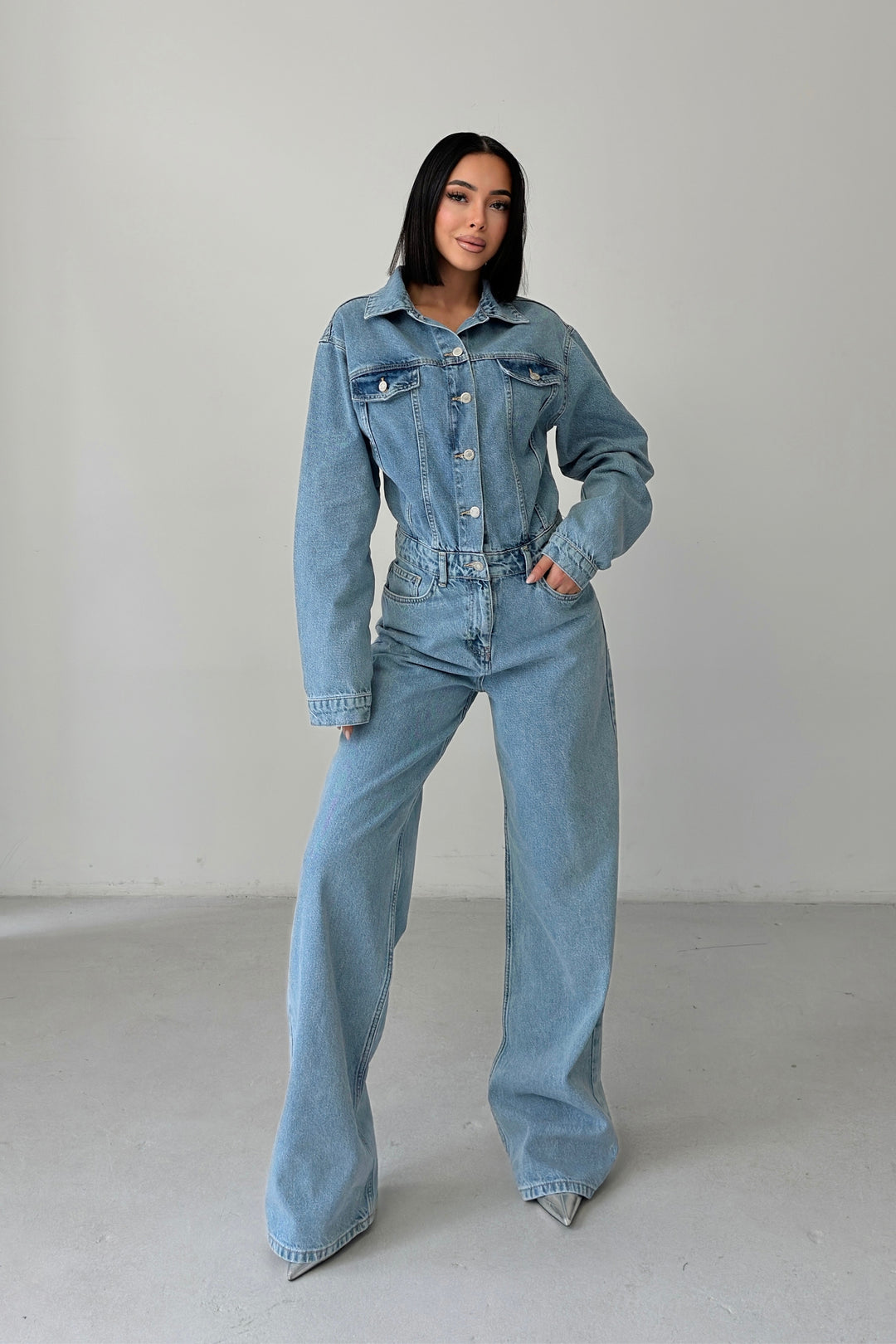 Routines Denim Straight Jumpsuit - Light Blue 4584 Jumpsuit Routines Fashion