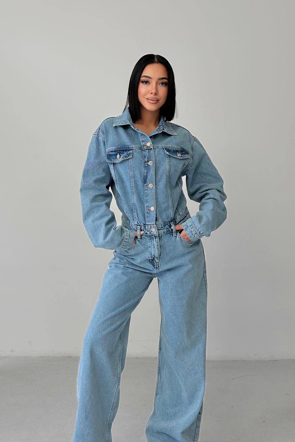 Routines Denim Straight Jumpsuit - Light Blue 4584 Jumpsuit Routines Fashion
