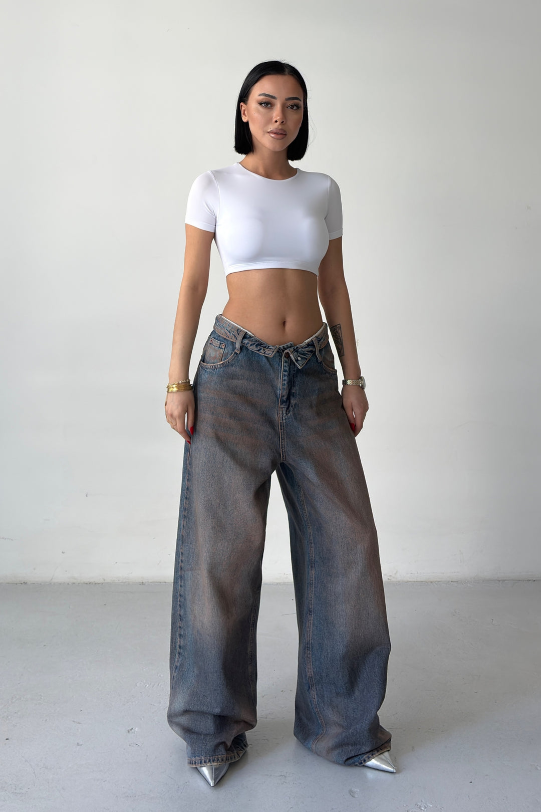 Routines Dirty Wash Folded Waist Baggy Jeans 2564 - ROUTINES