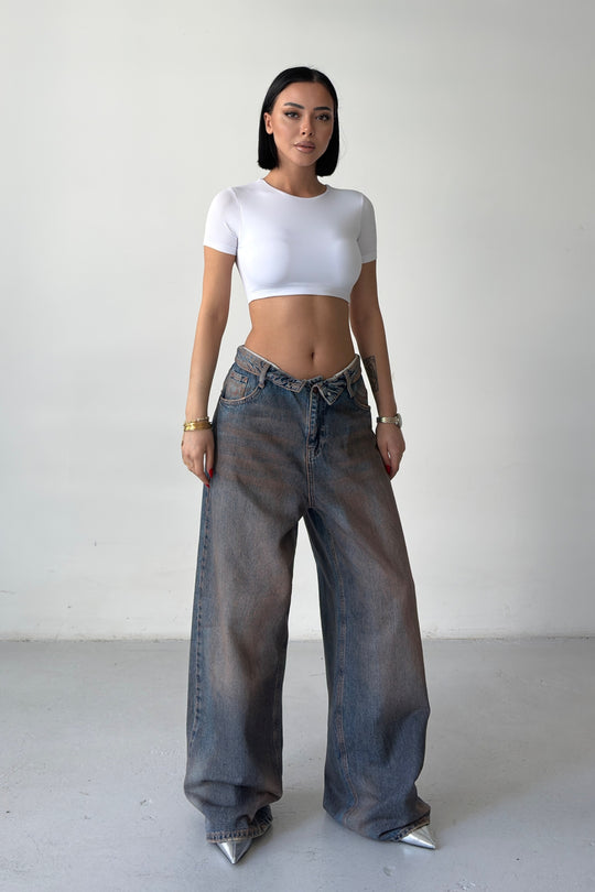 Routines Dirty Wash Folded Waist Baggy Jeans 2564 - ROUTINES