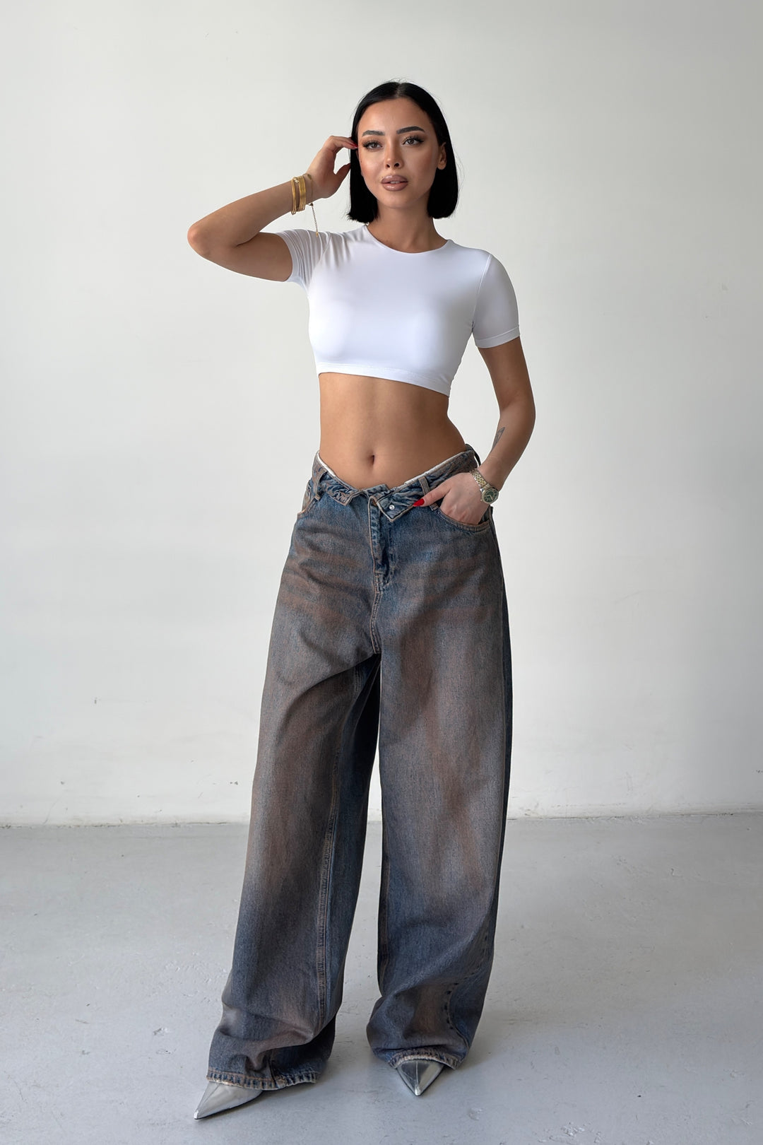 Routines Dirty Wash Folded Waist Baggy Jeans 2564 - ROUTINES