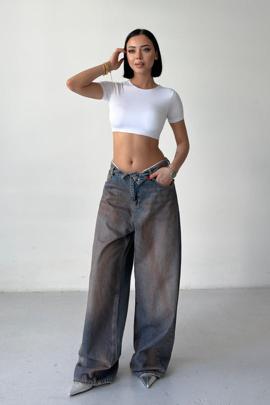 Routines Dirty Wash Folded Waist Baggy Jeans 2564 - ROUTINES