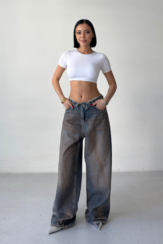 Routines Dirty Wash Folded Waist Baggy Jeans 2564 - ROUTINES