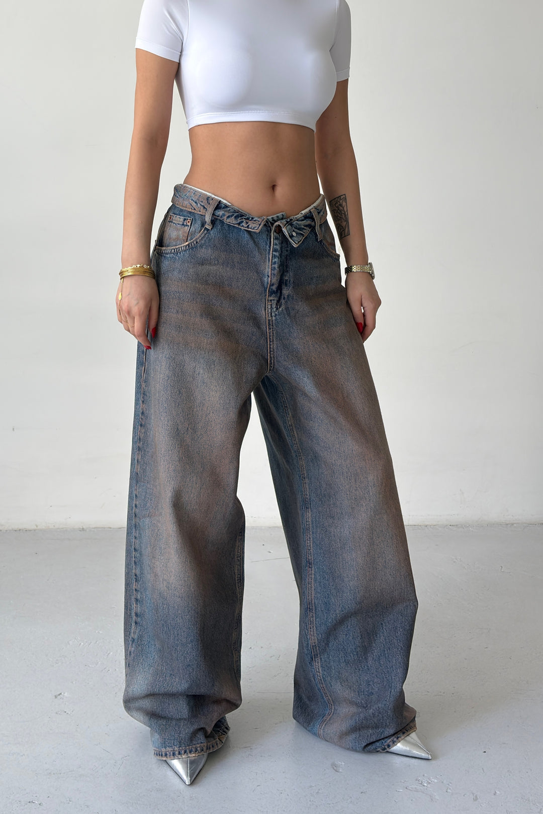 Routines Dirty Wash Folded Waist Baggy Jeans 2564 - ROUTINES