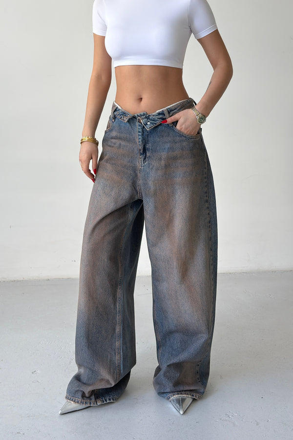 Routines Dirty Wash Folded Waist Baggy Jeans 2564 - ROUTINES
