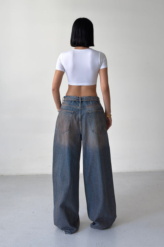 Routines Dirty Wash Folded Waist Baggy Jeans 2564 - ROUTINES