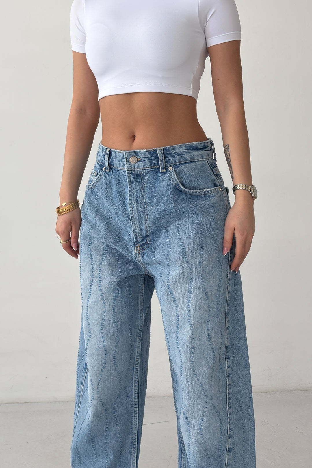 Routines Distressed Baggy Jeans - Mid Blue 8186 - ROUTINES