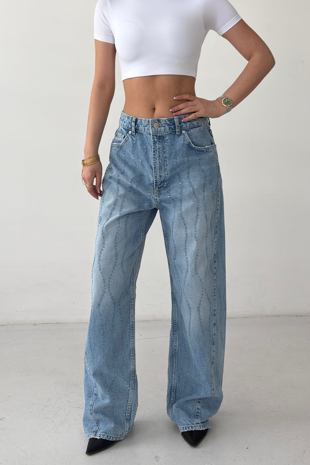 Routines Distressed Baggy Jeans - Mid Blue 8186 - ROUTINES