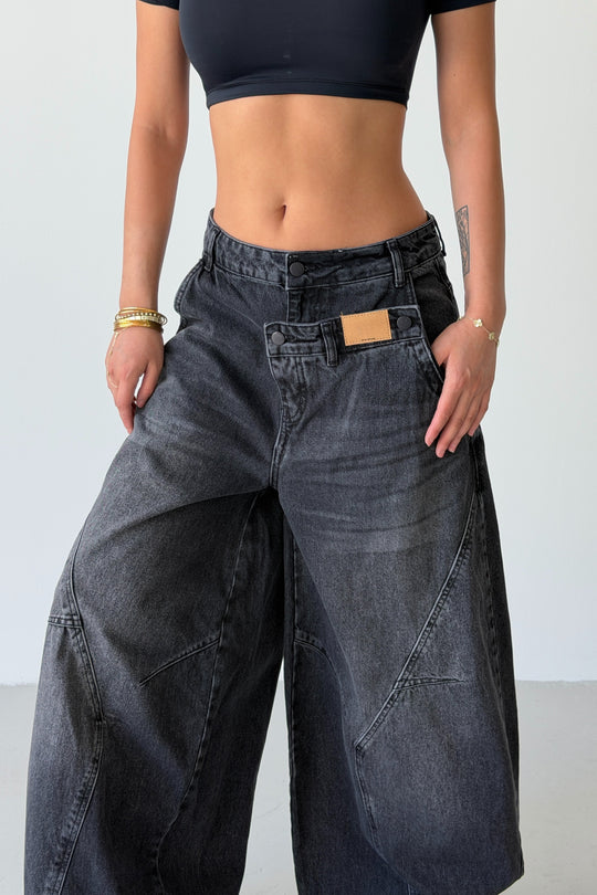 Routines Double Waist Balloon Baggy Jeans - Black 5311 - ROUTINES