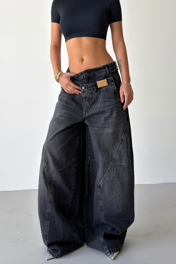 Routines Double Waist Balloon Baggy Jeans - Black 5311 - ROUTINES