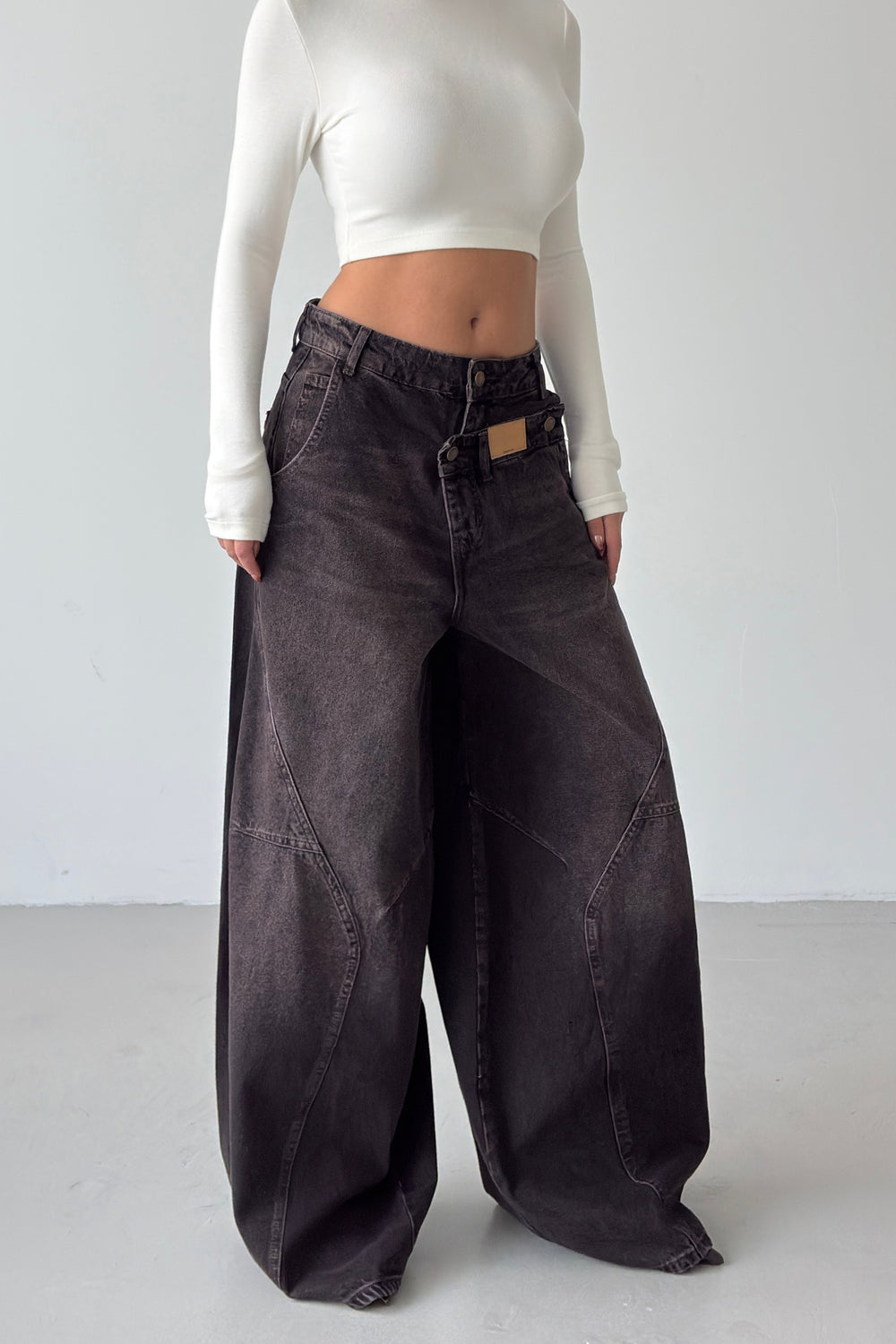 Routines Double Waist Balloon Baggy Jeans - Vintage Brown 5311 - ROUTINES