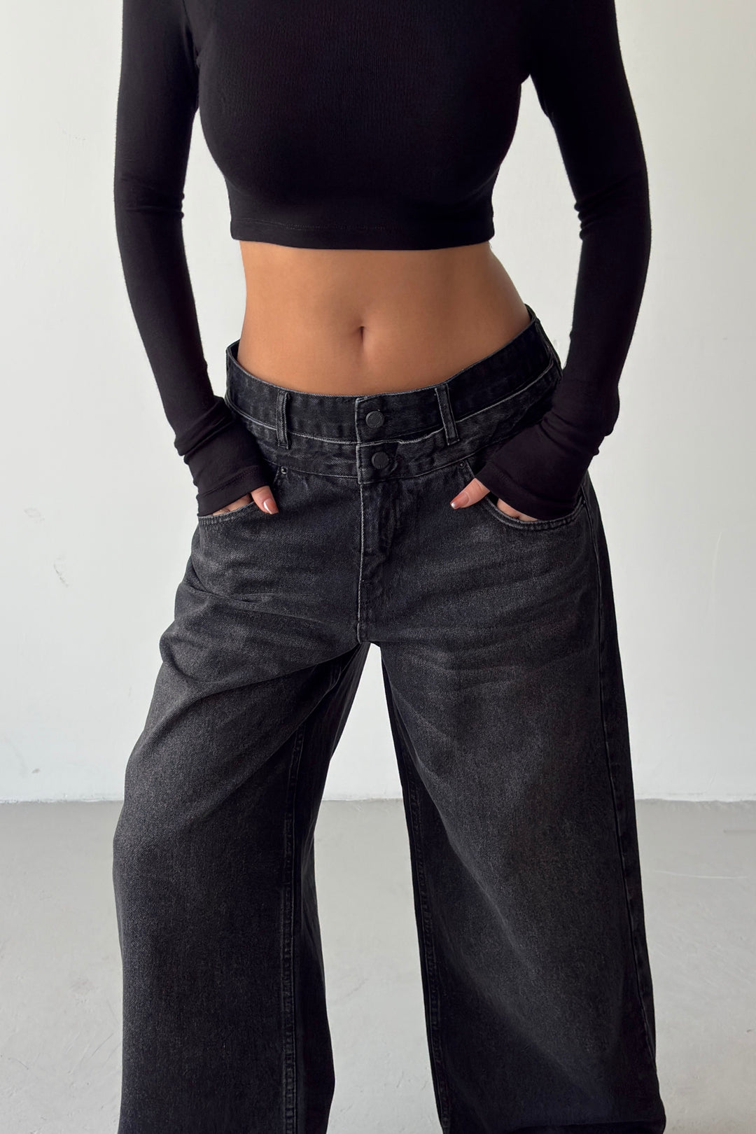 Routines Double Waist Detail Jeans - Black 5697 - ROUTINES