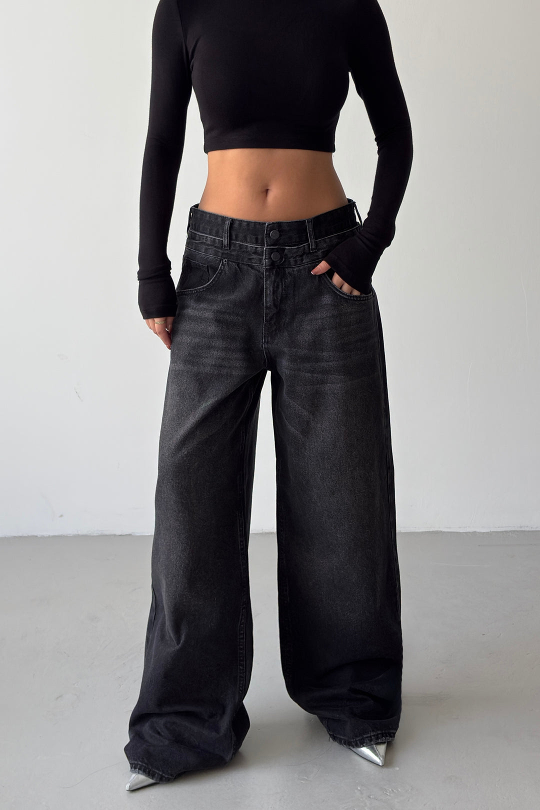 Routines Double Waist Detail Jeans - Black 5697 - ROUTINES