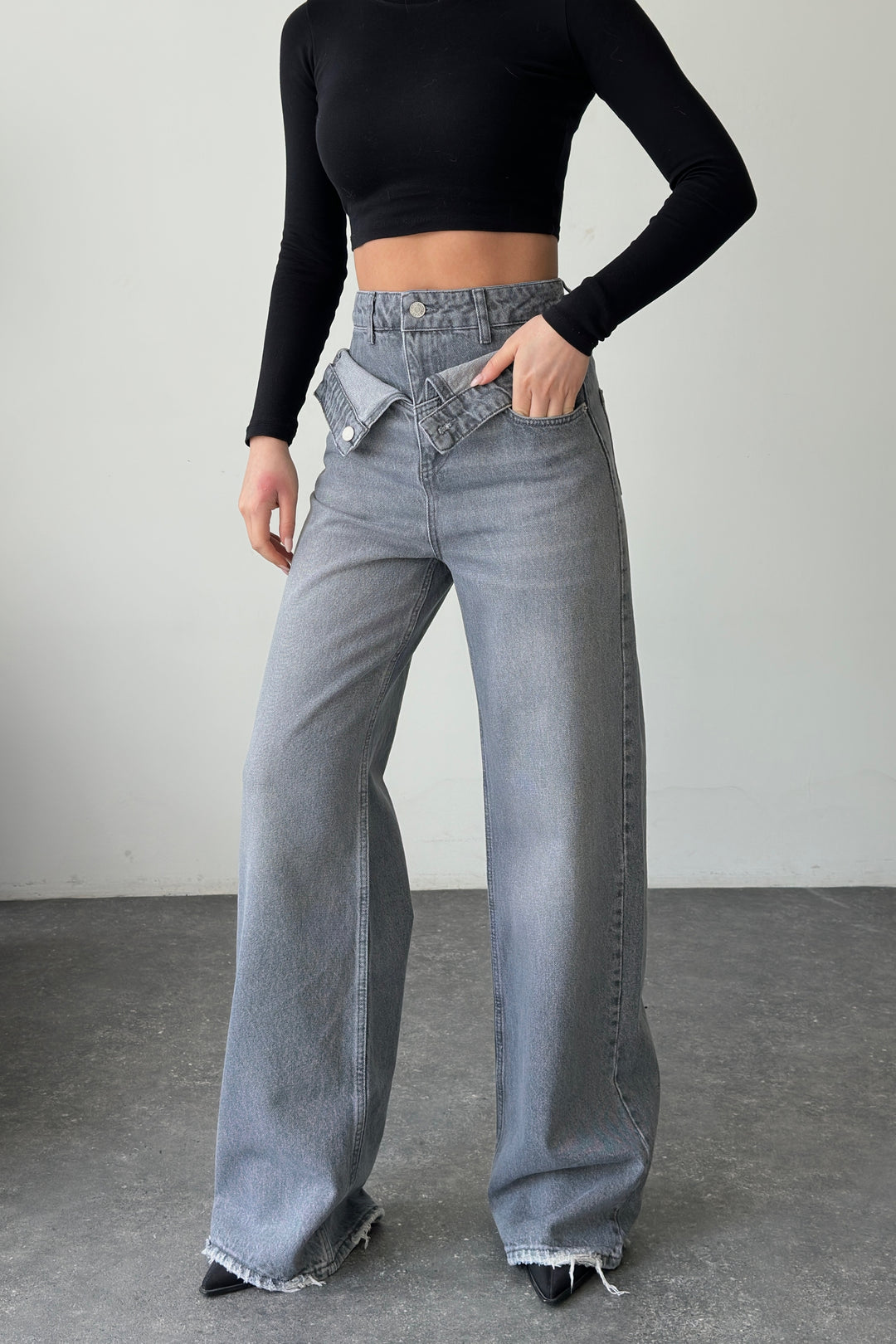 Routines Double Waist Folded Jeans - Grey 3741