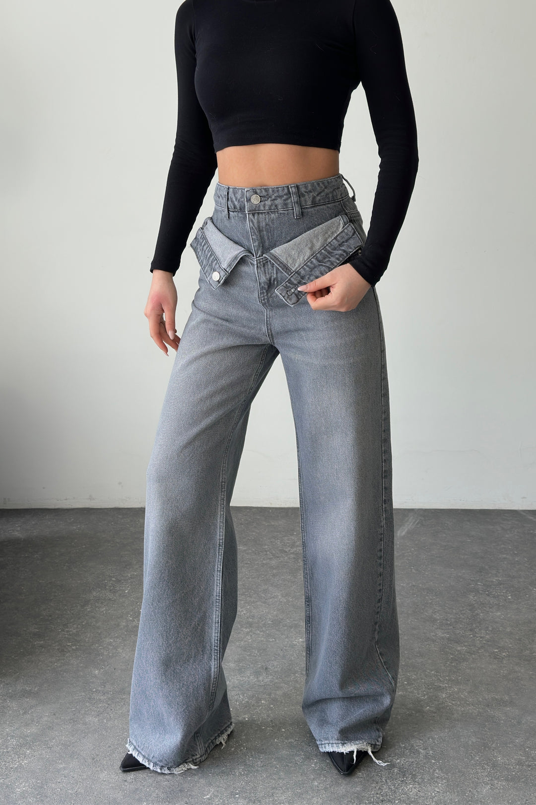 Routines Double Waist Folded Jeans - Grey 3741