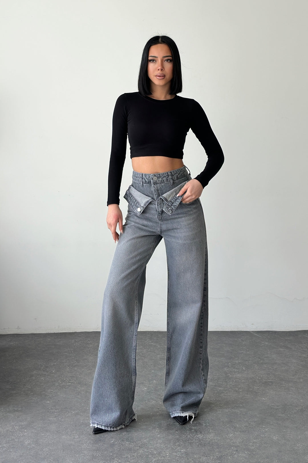 Routines Double Waist Folded Jeans - Grey 3741