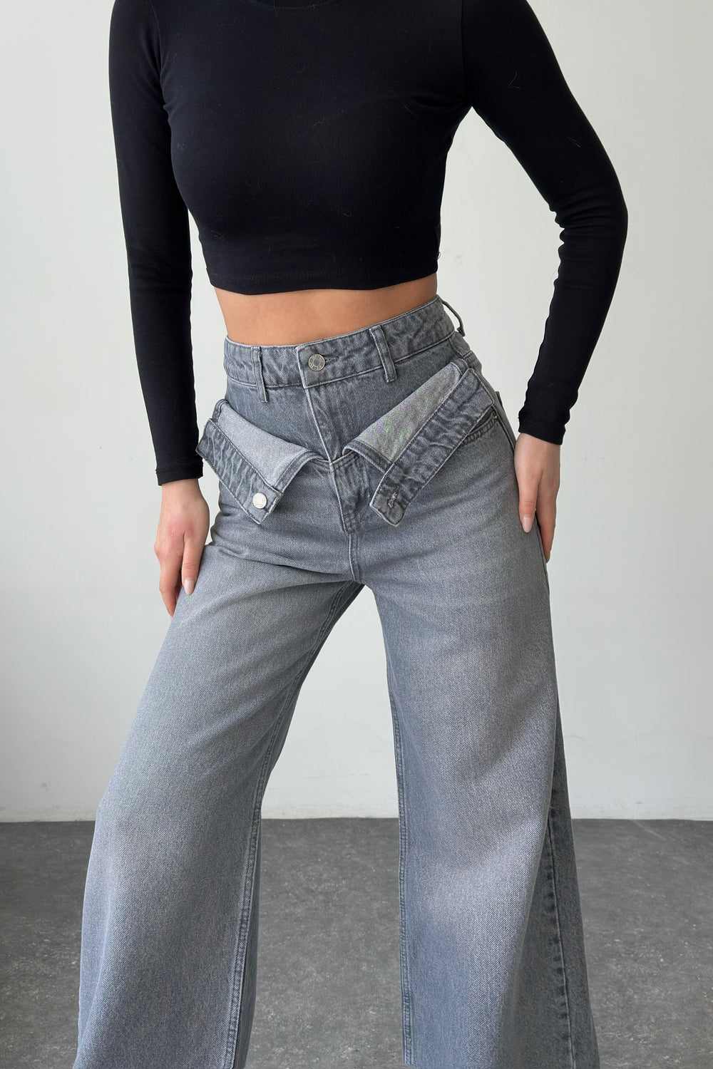 Routines Double Waist Folded Jeans - Grey 3741