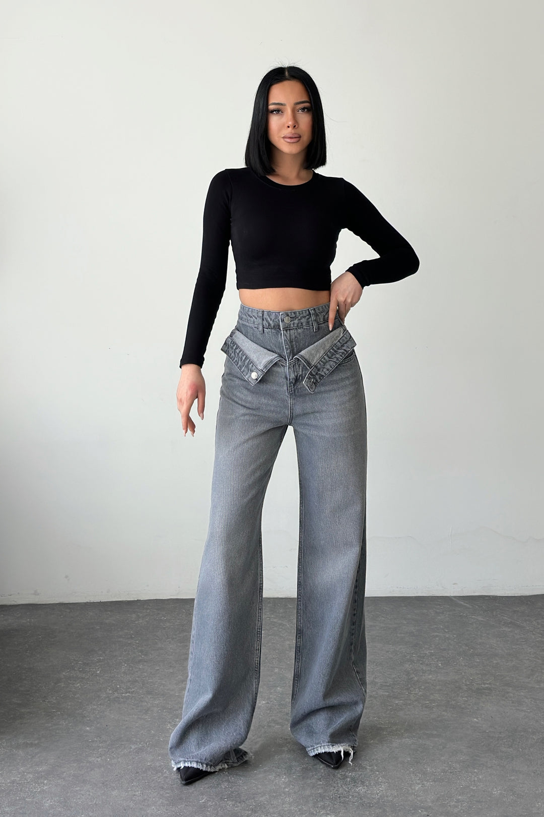 Routines Double Waist Folded Jeans - Grey 3741