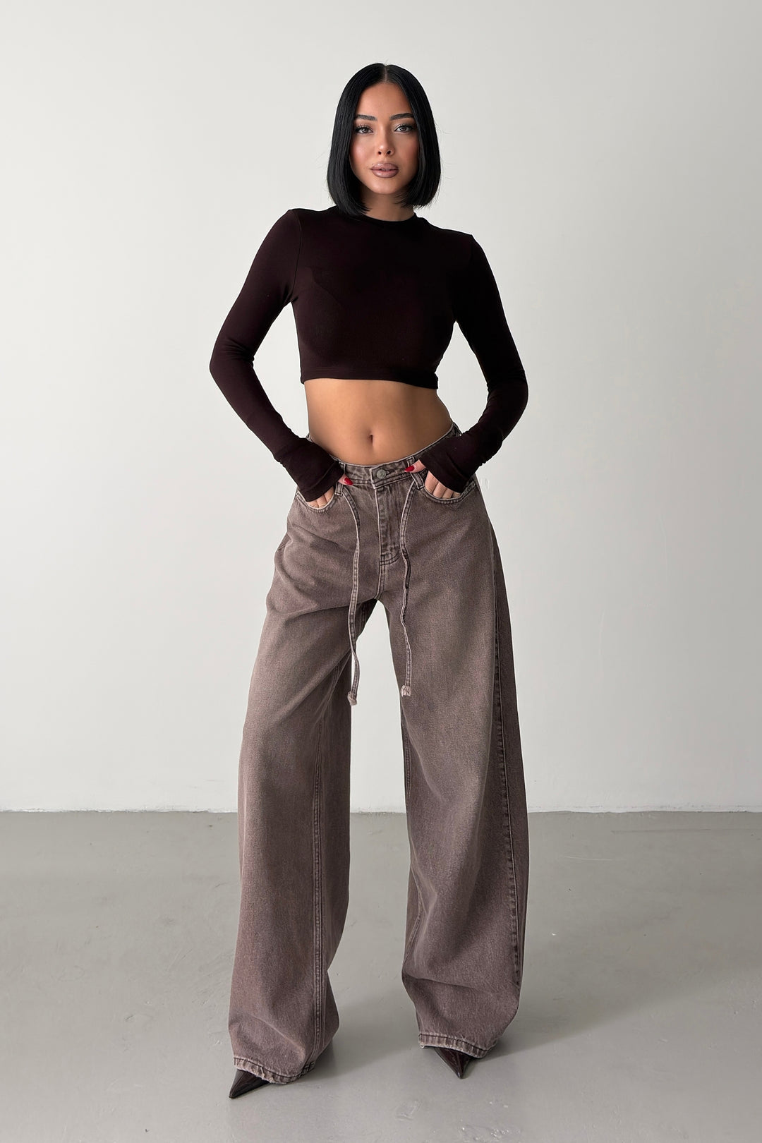 Routines Drawstring Detail Baggy Jeans - Brown 3939