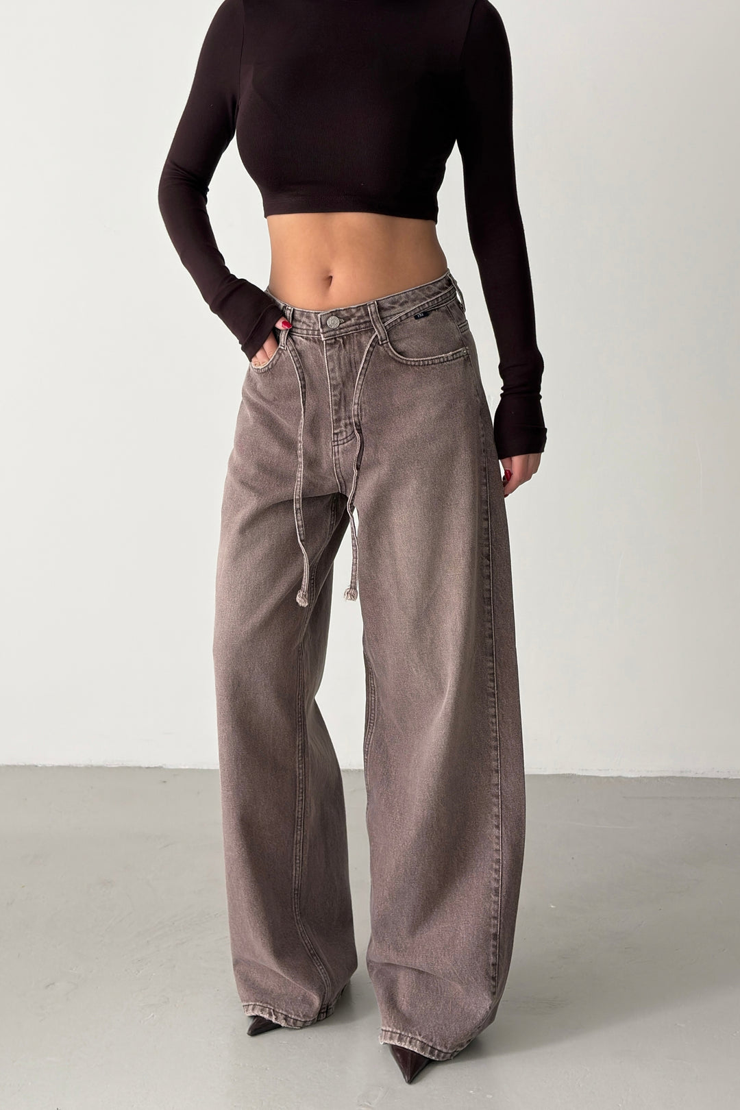 Routines Drawstring Detail Baggy Jeans - Brown 3939