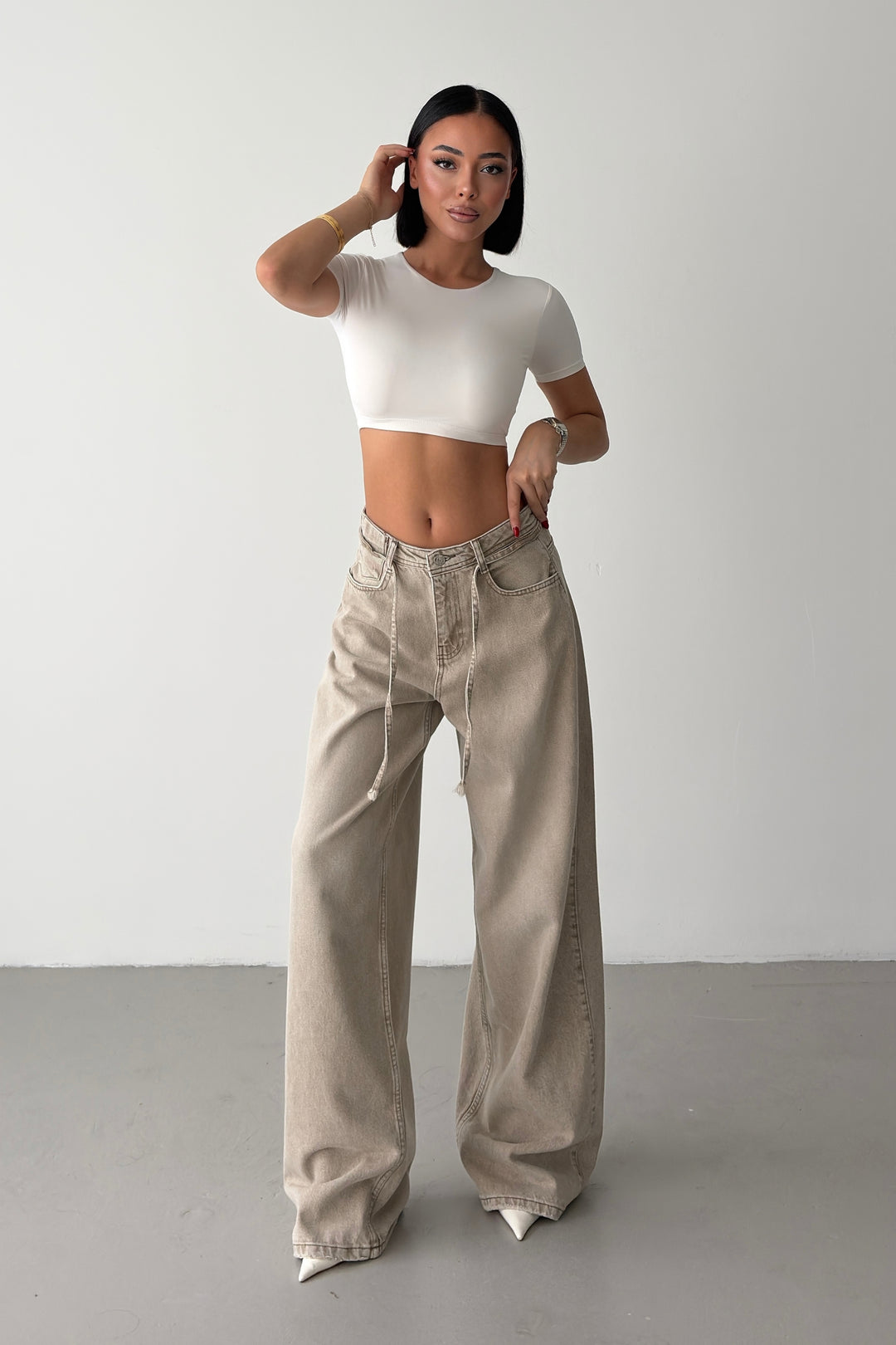 Routines Drawstring Detail Baggy Jeans - Stone 3940