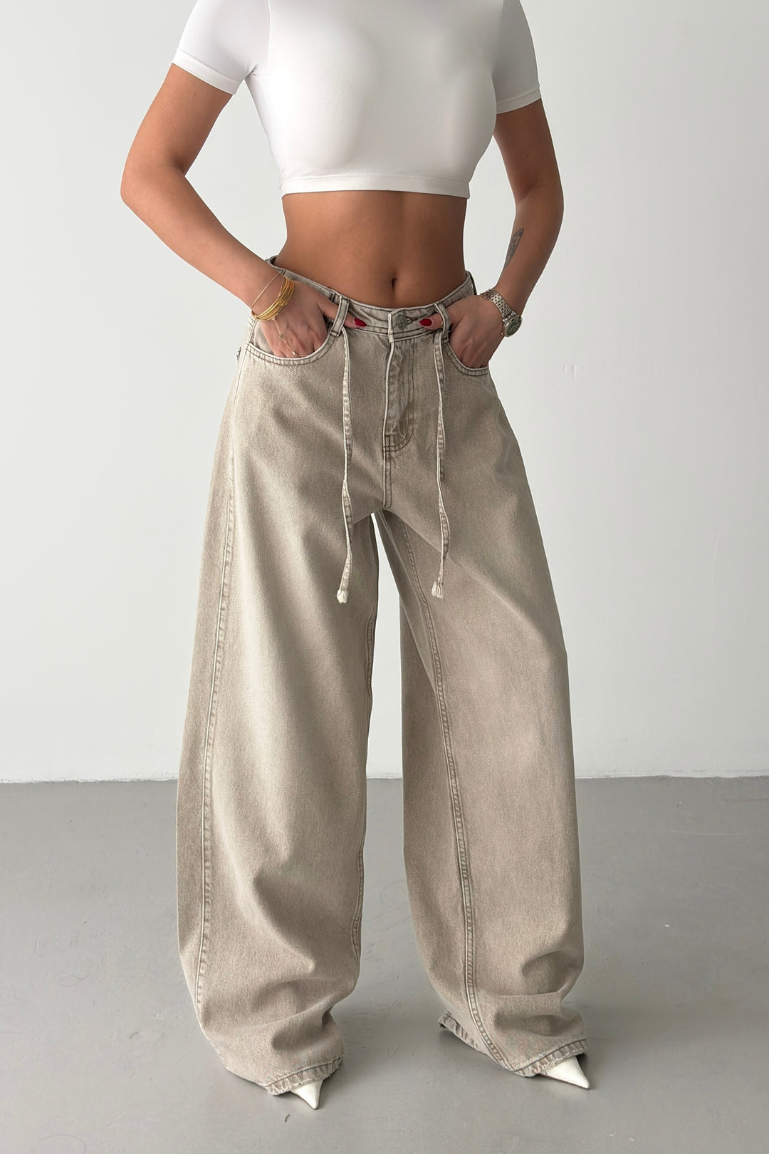 Routines Drawstring Detail Baggy Jeans - Stone 3940