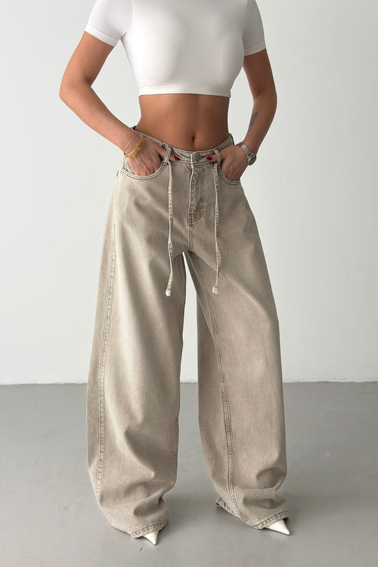 Routines Drawstring Detail Baggy Jeans - Stone 3940